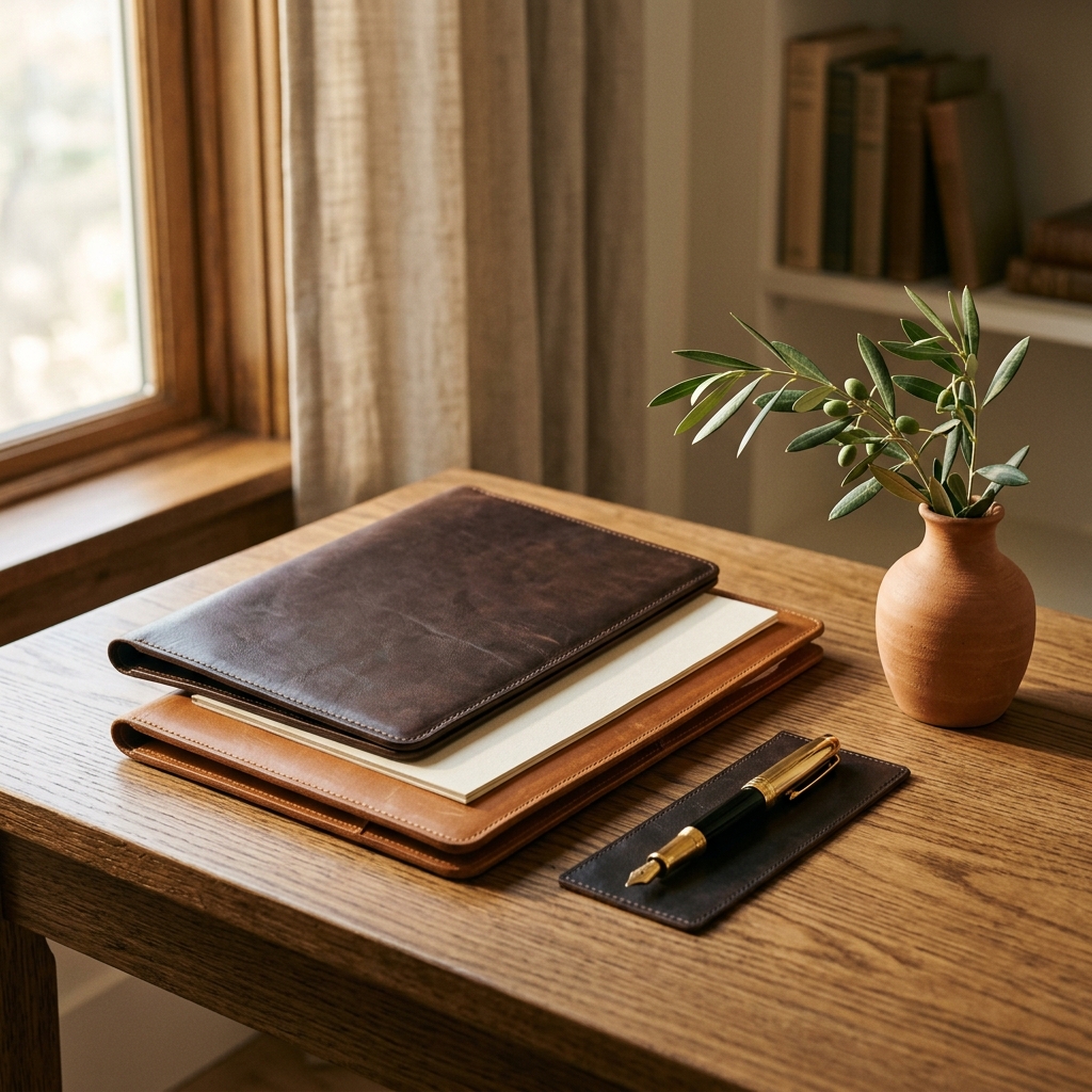 Elegant desk with leather document folders and olive branch